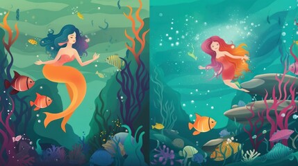 Fototapeta na wymiar Whimsical underwater world inhabited by mermaids and sea creatures