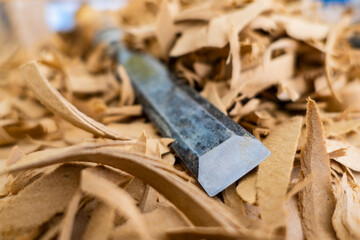 Close-up of a chisel in a craftsman carpentry