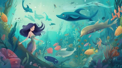 Whimsical underwater world inhabited by mermaids and sea creatures