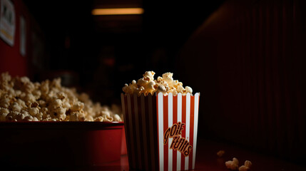 Popcorn in a striped box. Movie eating in theater, generative ai