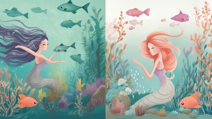 Whimsical underwater world inhabited by mermaids and sea creatures