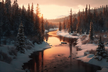river in the forest during the winter made with generative ai