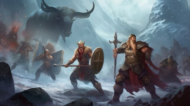 World inspired by Norse mythology, with fierce Vikings, epic battles, and divine creatures