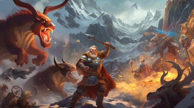 World inspired by Norse mythology, with fierce Vikings, epic battles, and divine creatures
