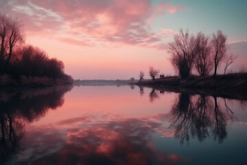 A scene in which the entire pink sky is reflected in the water. AI generative