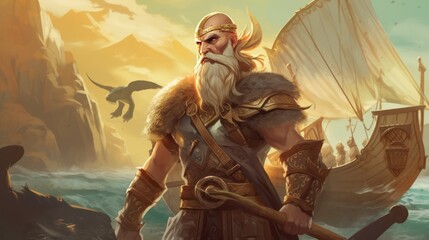 Fototapeta premium World inspired by Norse mythology, with fierce Vikings, epic battles, and divine creatures