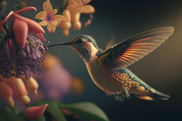 hummingbird drinking nectar from flower made with generative ai