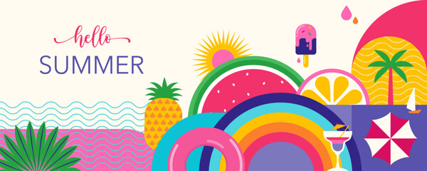 Colorful Geometric Summer Background, poster, banner. Summer time fun concept design promotion design - obrazy, fototapety, plakaty