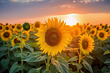 Sunflower field and golden hour sky, Generative AI