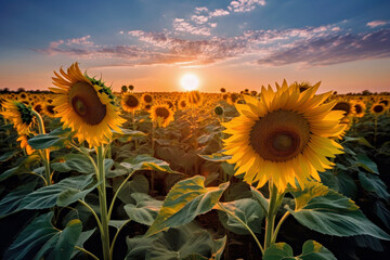 Sunflower field and golden hour sky, Generative AI - obrazy, fototapety, plakaty