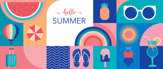Colorful Geometric Summer Background, poster, banner. Summer time fun concept design promotion design