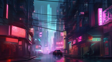 Design a cyberpunk city with neon lights, towering skyscrapers, and gritty alleyways