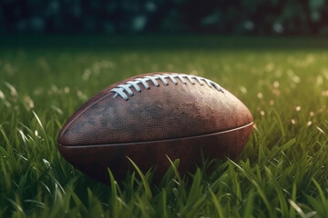 Ball for American football on fresh green field grass. Generative AI