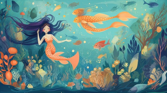 Whimsical underwater world inhabited by mermaids and sea creatures
