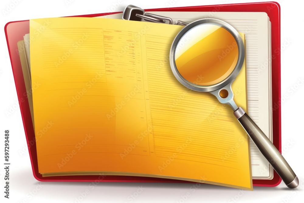 Poster red folder with a magnifying glass on top representing investigation or research. generative ai