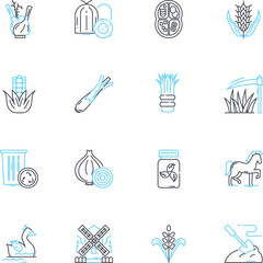 Eco-friendly farming linear icons set. Sustainable, Organic, Regenerative, Natural, Conservation, Soil, Compost line vector and concept signs. Permaculture,Biodiversity,Water outline illustrations