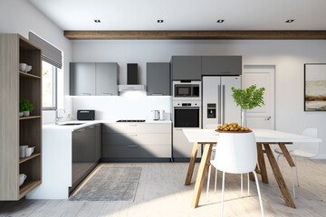 Luxury stylish modern large kitchen interior with furniture and kitchen utensils in an apartment home.