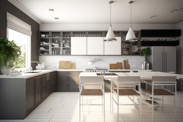 Luxury stylish modern large kitchen interior with furniture and kitchen utensils in an apartment home.