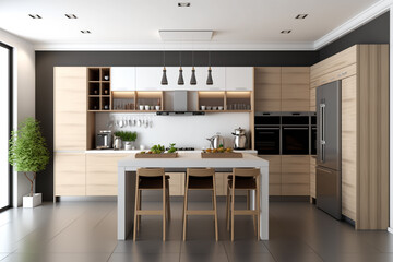 Luxury stylish modern large kitchen interior with furniture and kitchen utensils in an apartment home.