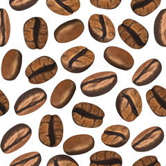 Watercolor seamless pattern coffee beans. Hand-drawn illustration isolated on white background. Perfect food menu, concept for cafe, restaurant element, recipe book, cooking graphics