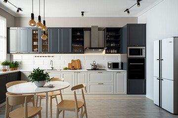 Luxury stylish modern large kitchen interior with furniture and kitchen utensils in an apartment home.