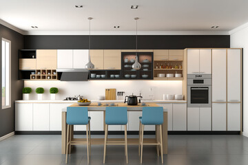 Fototapeta premium Luxury stylish modern large kitchen interior with furniture and kitchen utensils in an apartment home.