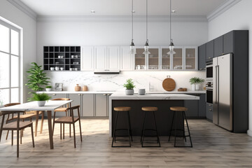 Fototapeta premium Luxury stylish modern large kitchen interior with furniture and kitchen utensils in an apartment home.