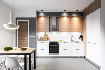 Luxury stylish modern large kitchen interior with furniture and kitchen utensils in an apartment home.