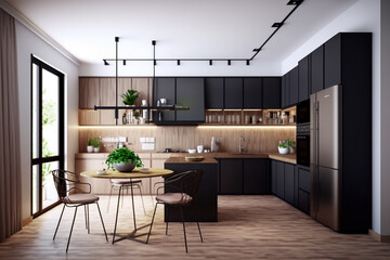 Luxury stylish modern large kitchen interior with furniture and kitchen utensils in an apartment home.