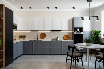 Luxury stylish modern large kitchen interior with furniture and kitchen utensils in an apartment home.