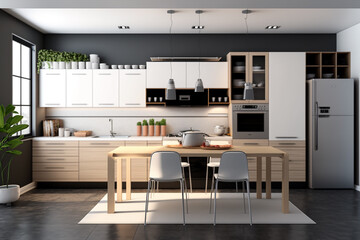 Fototapeta na wymiar Luxury stylish modern large kitchen interior with furniture and kitchen utensils in an apartment home.