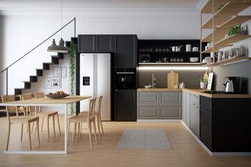 Fototapeta na wymiar Luxury stylish modern large kitchen interior with furniture and kitchen utensils in an apartment home.