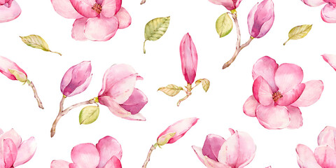 Fototapeta na wymiar Watercolor hand-drawn seamless magnolia pattern design. Pink magnolia. Spring blossom. Wonderful flowers.