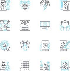 E-marketing linear icons set. Analytics, Advertising, Branding, Conversion, Content, Click-through, Engagement line vector and concept signs. Email,Influencer,Landing page outline illustrations