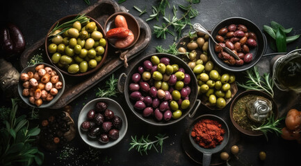 A Big Slate Background with Olives and Mediterranean Food on Top Left.