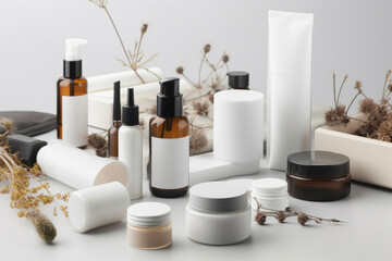 Fototapeta na wymiar Minimalist corporate identity, and product packaging mockups for a natural cosmetics business. Generative AI