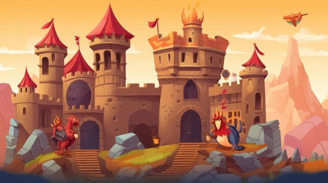 Medieval castle with secret passages, knights in armor, and a dragon guarding its treasure hoard game art