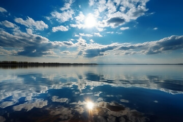 Fototapeta premium A scene in which the entire sky is reflected in the water. AI generative