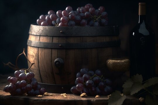 AI-generated image of grapes and a wine barrel. Generative AI