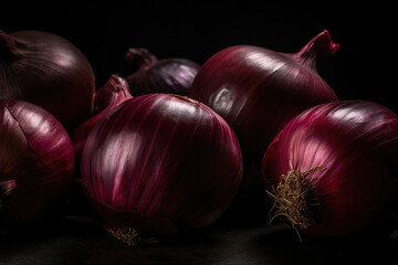 Red onions on rustic wood. Generative AI