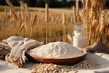 banner. flour and ears of wheat against the background of a Golden wheat field. ingathering. Generative AI