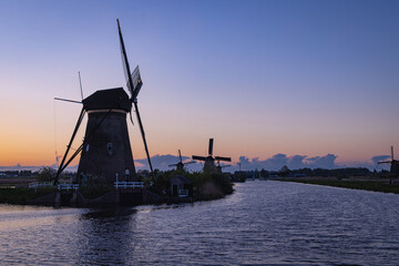 Fototapeta na wymiar The Kinderdjik Windmills at sunset, a UNESCO World Heritage Site.