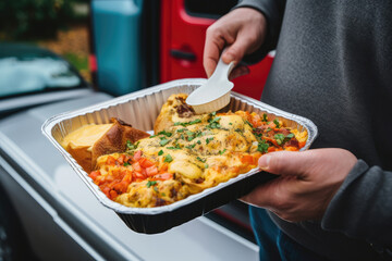 A man is holding tray of food in van, with someone holding paper plate with food in it and fork on the other side of container. A food truck is serving up creative and delicious cuisine. Generative Ai