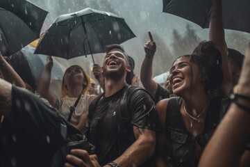 Beautiful young people dancing in the rain on a summer festival Generative AI