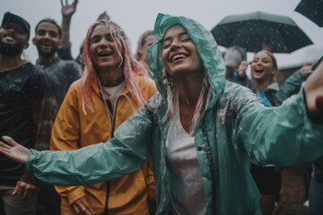 Beautiful young people dancing in the rain on a summer festival Generative AI