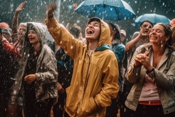 Fototapeta na wymiar Beautiful young people dancing in the rain on a summer festival Generative AI
