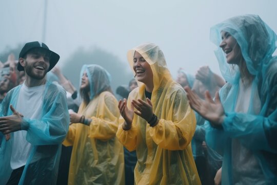 Beautiful young people dancing in the rain on a summer festival Generative AI