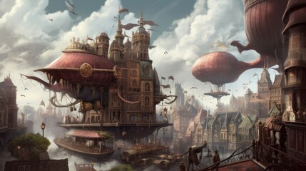 Obraz premium Steampunk city with steam powered machinery, clockwork automatons, and airships