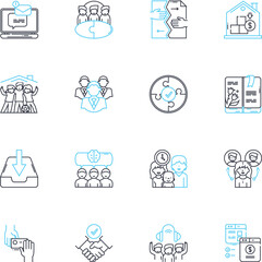 Desk area linear icons set. Workspace, Table, Computer, Statiry, Organization, Productivity, Efficiency line vector and concept signs. Neatness,Cleanliness,Minimalism outline illustrations