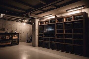 Modern basement storage space. Generative AI